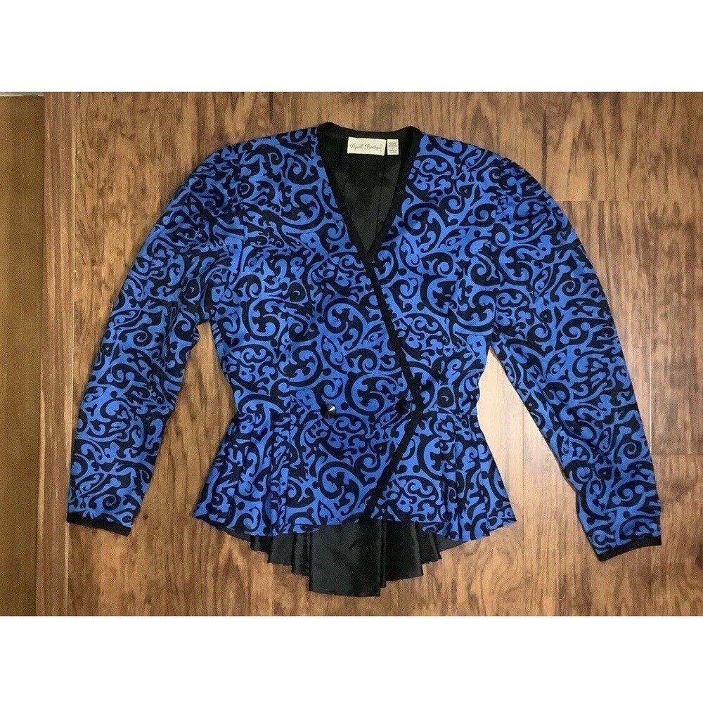 Vintage Papell Boutique Jacket Blue Black‎ Formal Pleated Tail Tuxedo Ruffle 6